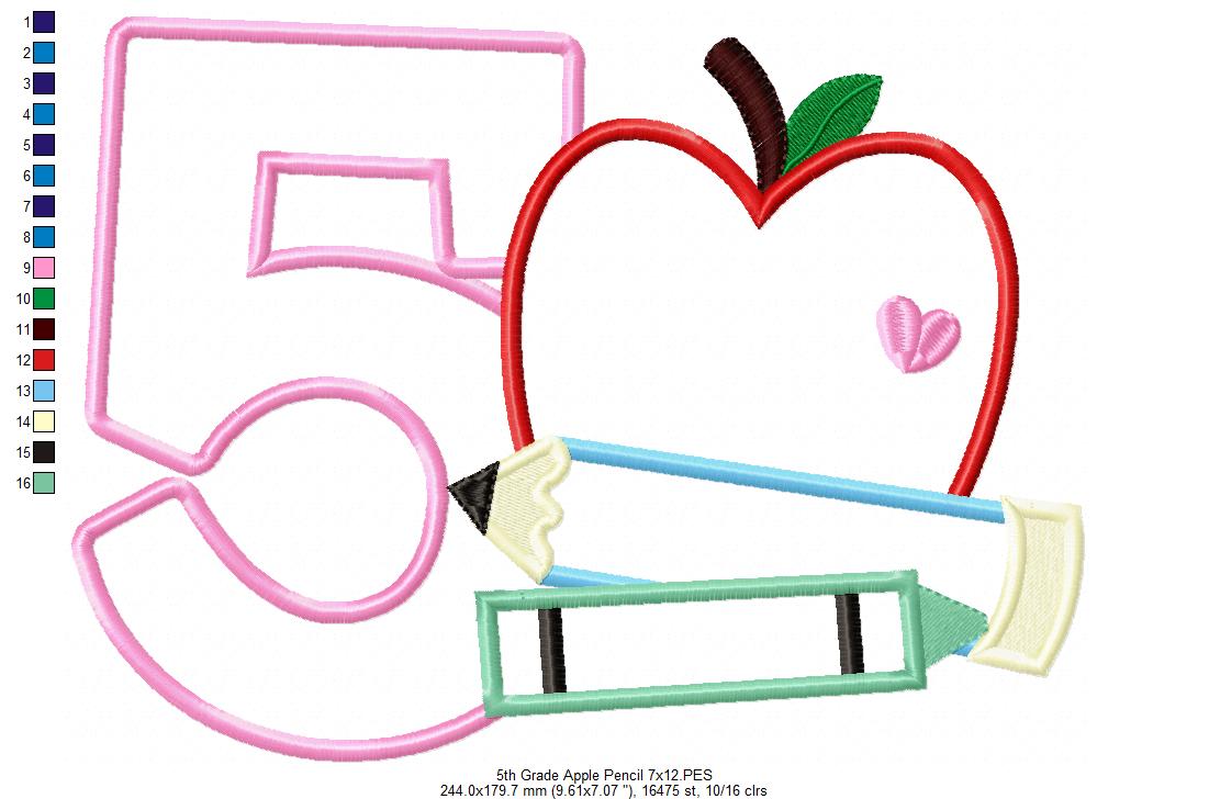 5th Grade Apple, Pencil and Crayon - Applique