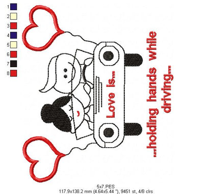 Couple in Car- Redwork - Machine Embroidery - 5 Sizes