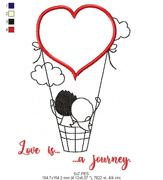 Couple on air balloon - Redwork - Machine Embroidery - 5 Sizes