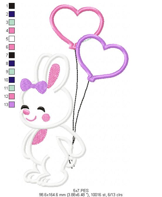 Rabbit With Balloons - Applique  - Machine Embroidery Design