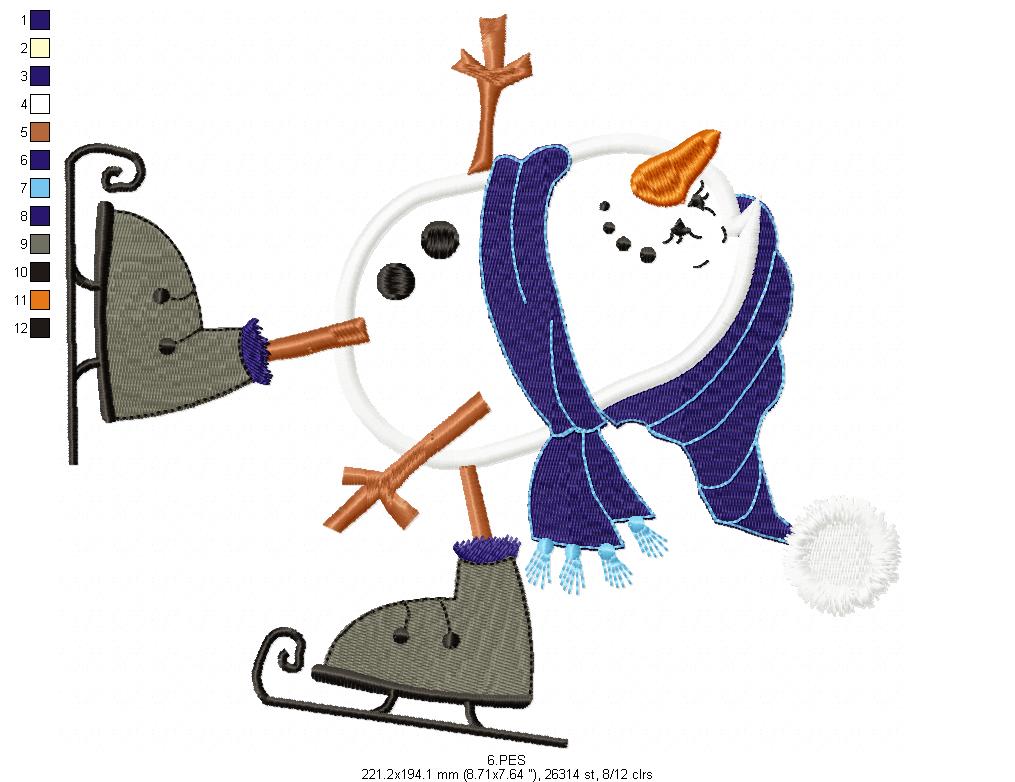 Snowman skiing in the snow - Applique -6 Sizes - Machine Embroidery Designs