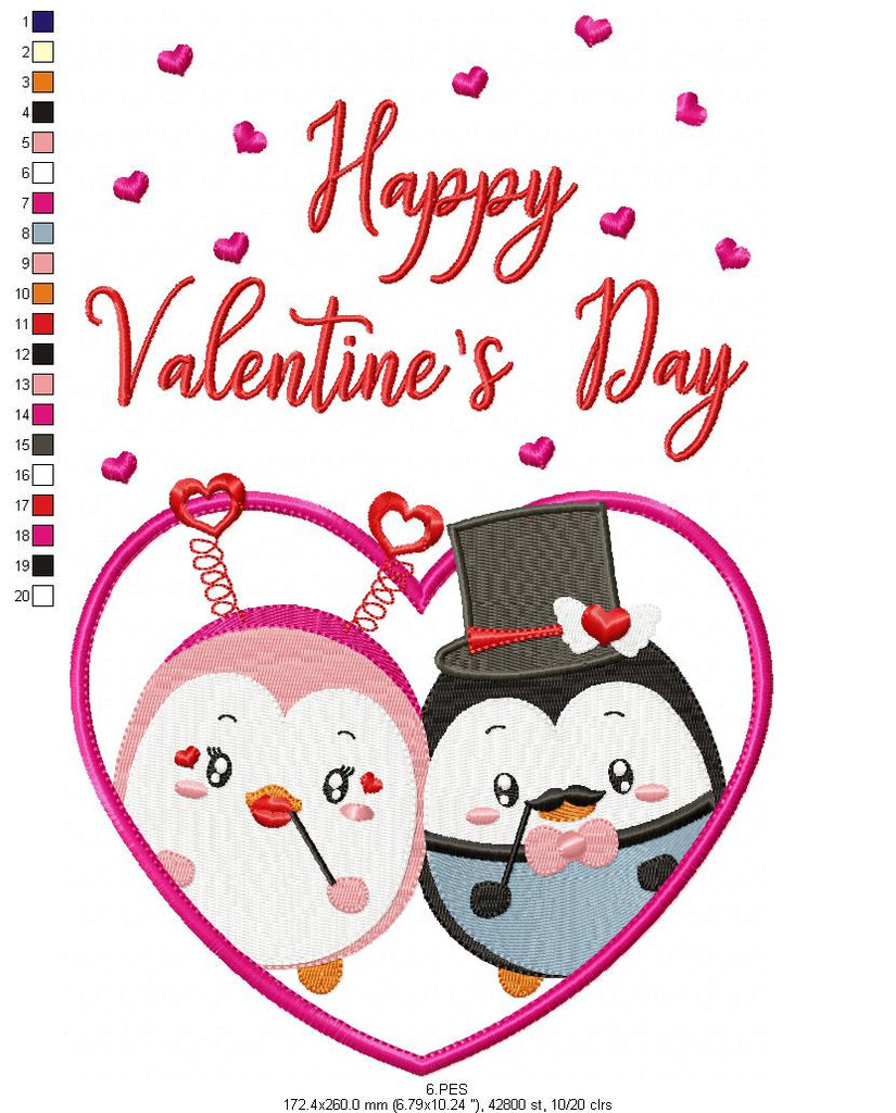 Couple of love penguins - Valentine's Days - 6 Sizes  - Machine Embroidery Design