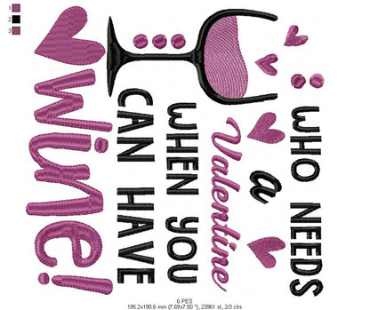Wine is my Valentine 2 - Fill Stitch - Machine Embroidery Design