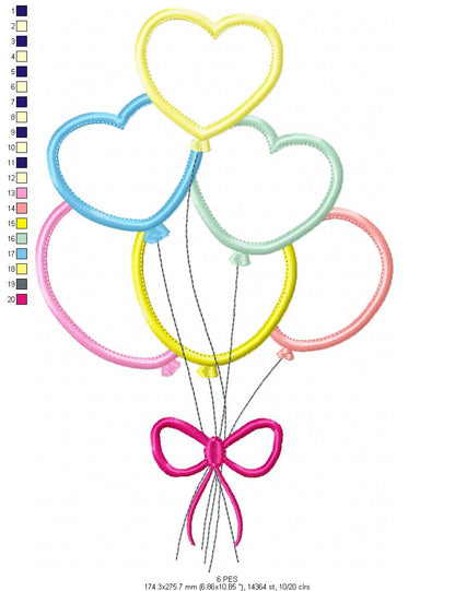 Heart balloon- Applique - 6 Sizes - Applique - Machine Embroidery Designs