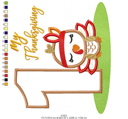 My First  Thanksgiving  Girl - Turkey with Bow - Machine Embroidery Design