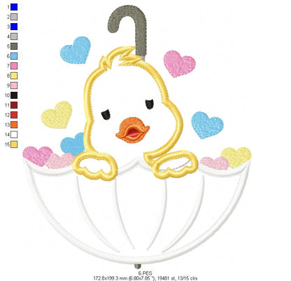 Duckling in Umbrella  - Applique -  6 Sizes  - Machine Embroidery Design
