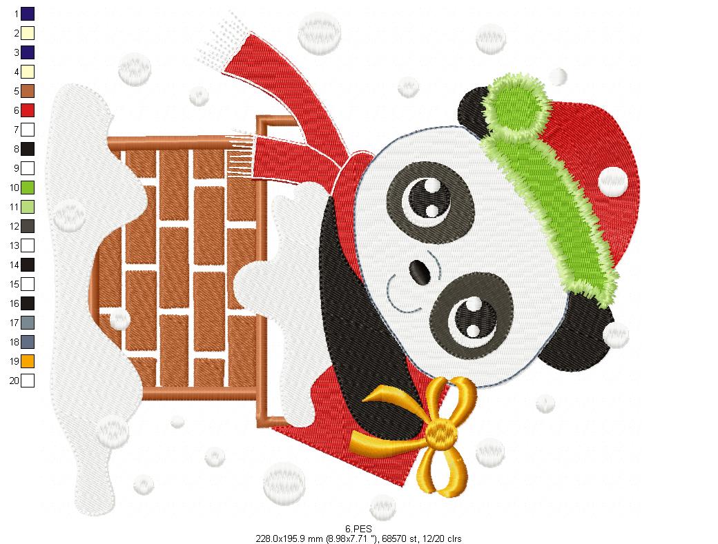 Christmas Panda in the chimney  - Applique / Fill Stitch - 6 Sizes - Machine Embroidery Designs