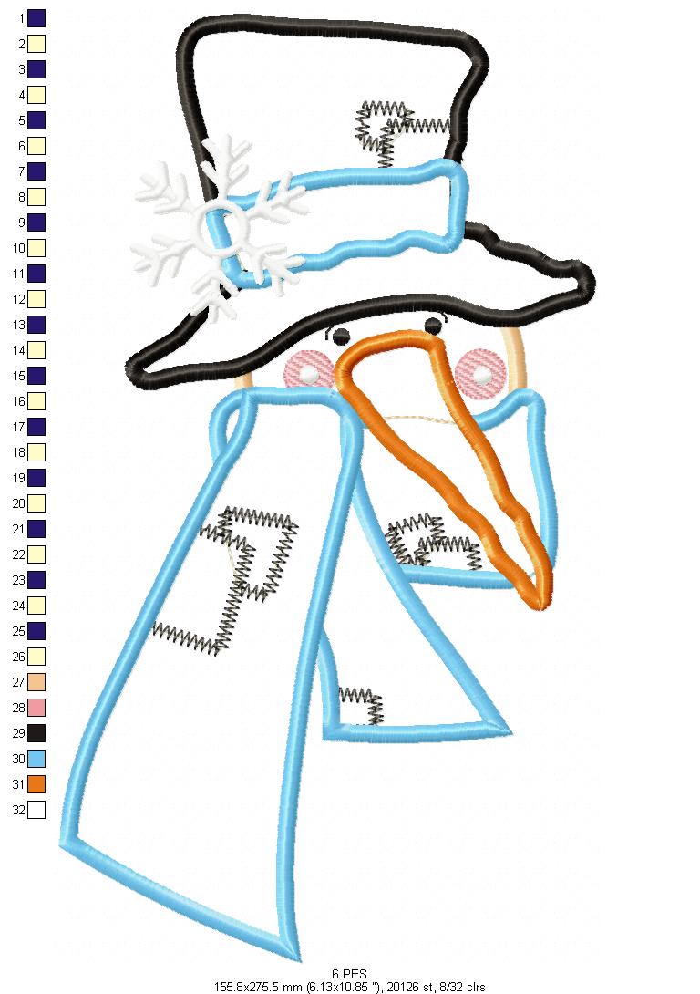 Snowman - 6 Sizes - Applique - Machine Embroidery Design