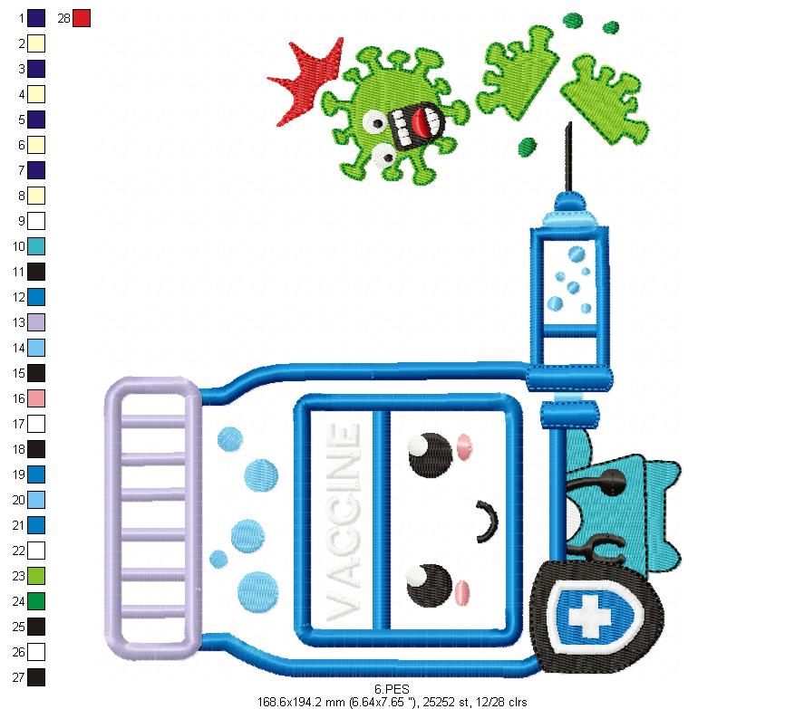 Vaccine - Applique - 6 Sizes - Machine Embroidery Designs