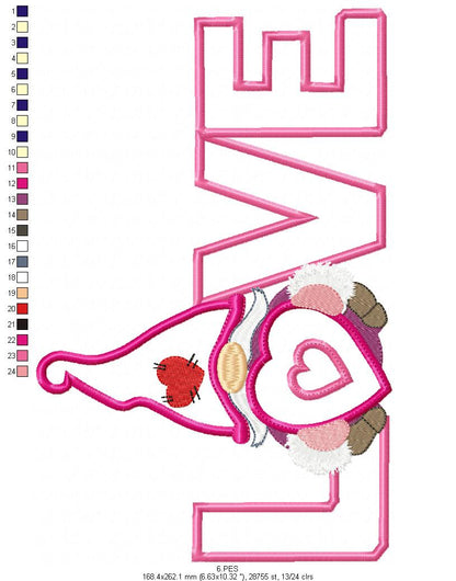 Valentines Love Gnome 2 - Applique - Machine Embroidery Designs