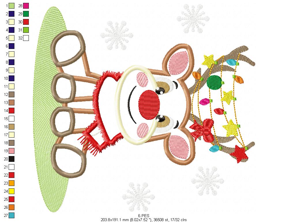 Christmas Rudolf Reindeer - Applique - 6 Sizes - Machine Embroidery Designs