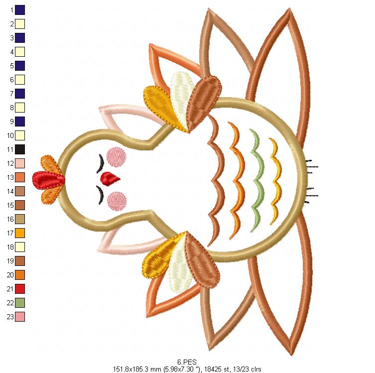 Thanksgiving Turkey - Applique  - 6 sizes - Machine Embroidery Design