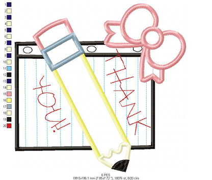 Pencil with Bow - Back to School - Applique - Machine Embroidery Design