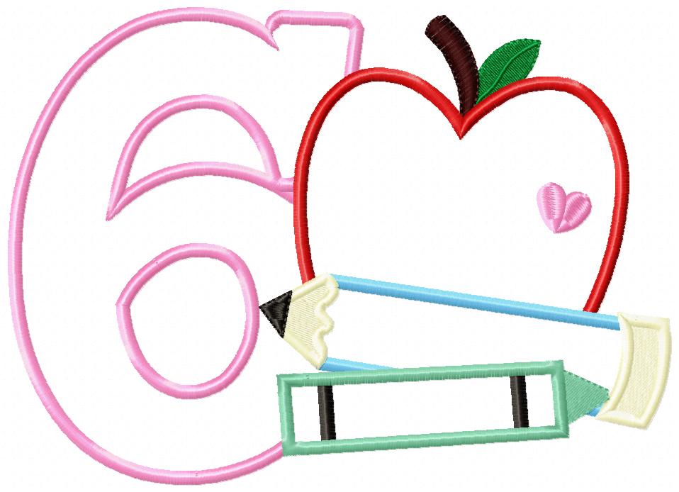 6th Grade Apple, Pencil and Crayon - Applique