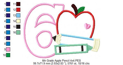 6th Grade Apple, Pencil and Crayon - Applique