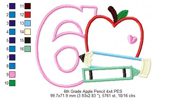 6th Grade Apple, Pencil and Crayon - Applique