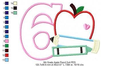 6th Grade Apple, Pencil and Crayon - Applique