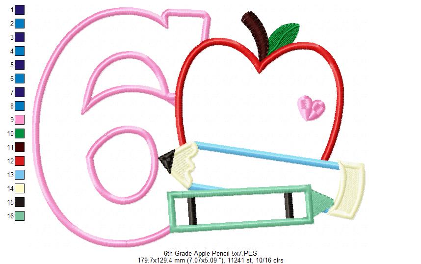 6th Grade Apple, Pencil and Crayon - Applique