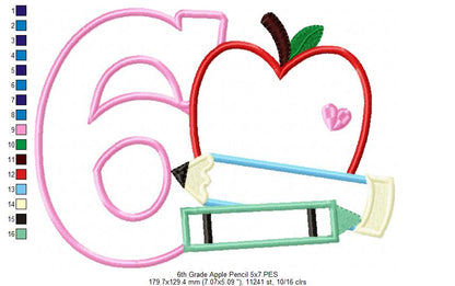 6th Grade Apple, Pencil and Crayon - Applique