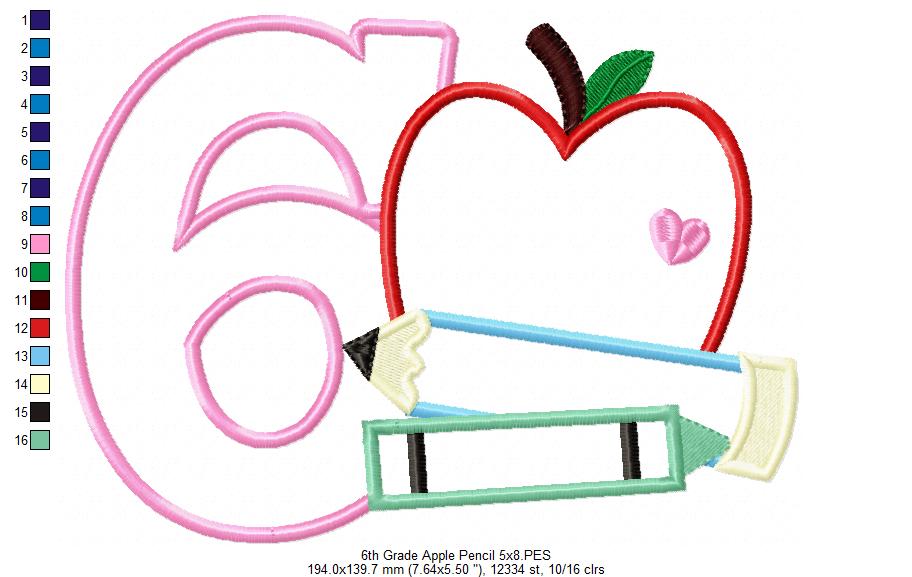 6th Grade Apple, Pencil and Crayon - Applique