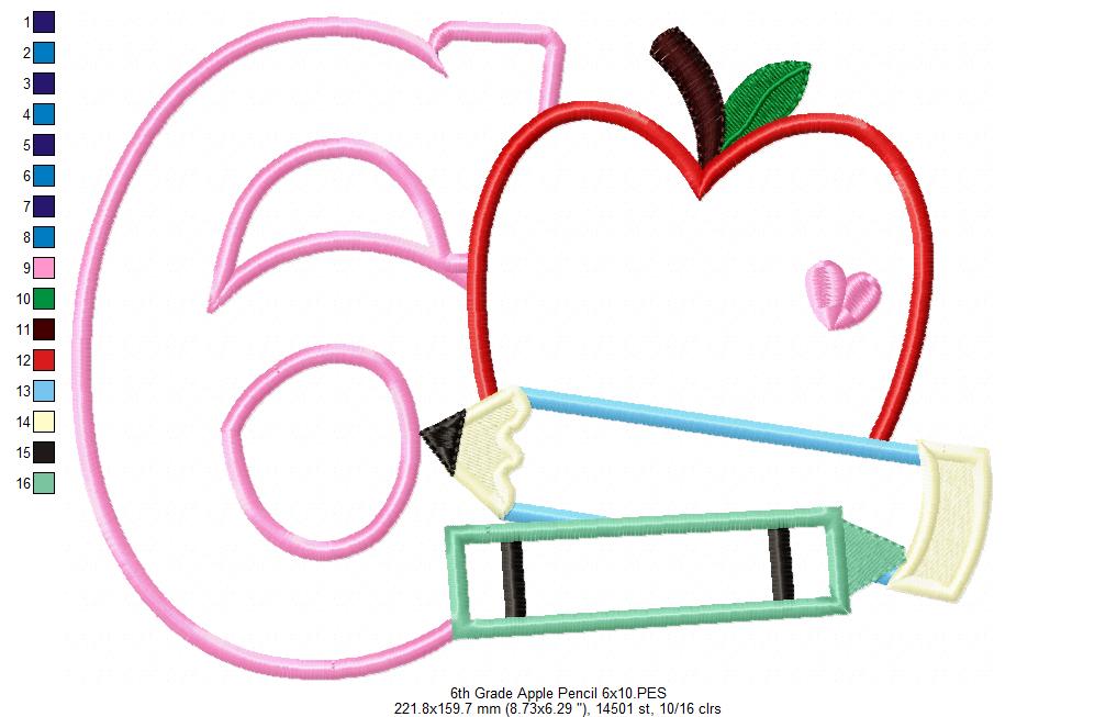6th Grade Apple, Pencil and Crayon - Applique