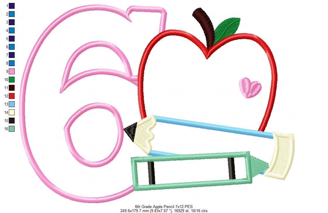 6th Grade Apple, Pencil and Crayon - Applique