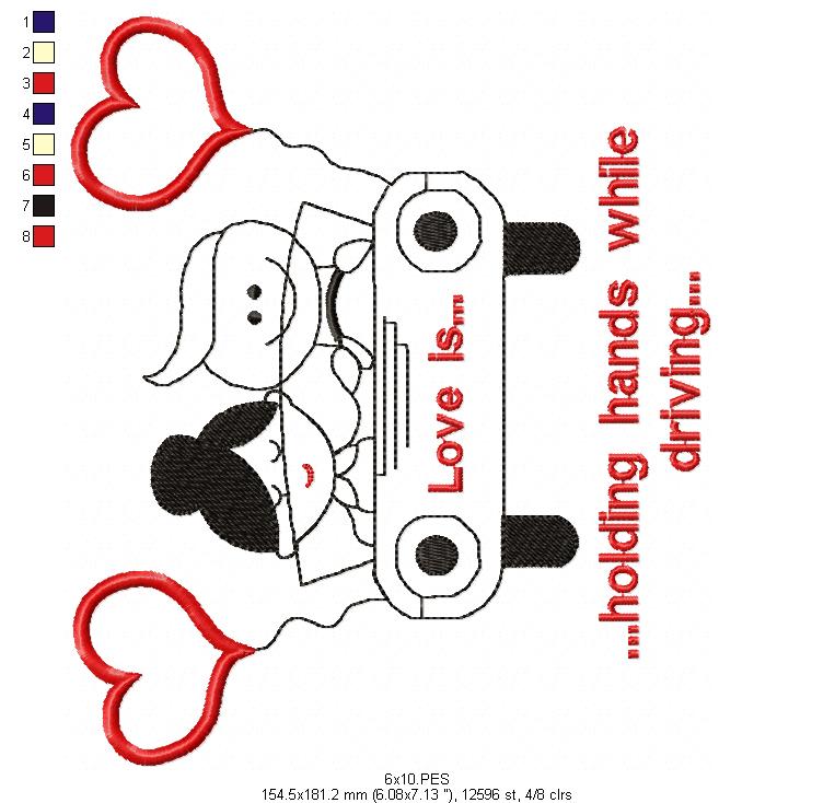 Couple in Car- Redwork - Machine Embroidery - 5 Sizes