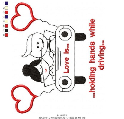 Couple in Car- Redwork - Machine Embroidery - 5 Sizes