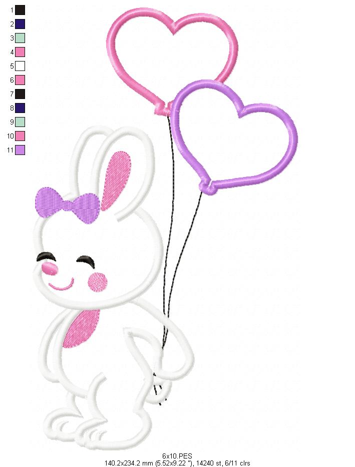 Rabbit With Balloons - Applique  - Machine Embroidery Design