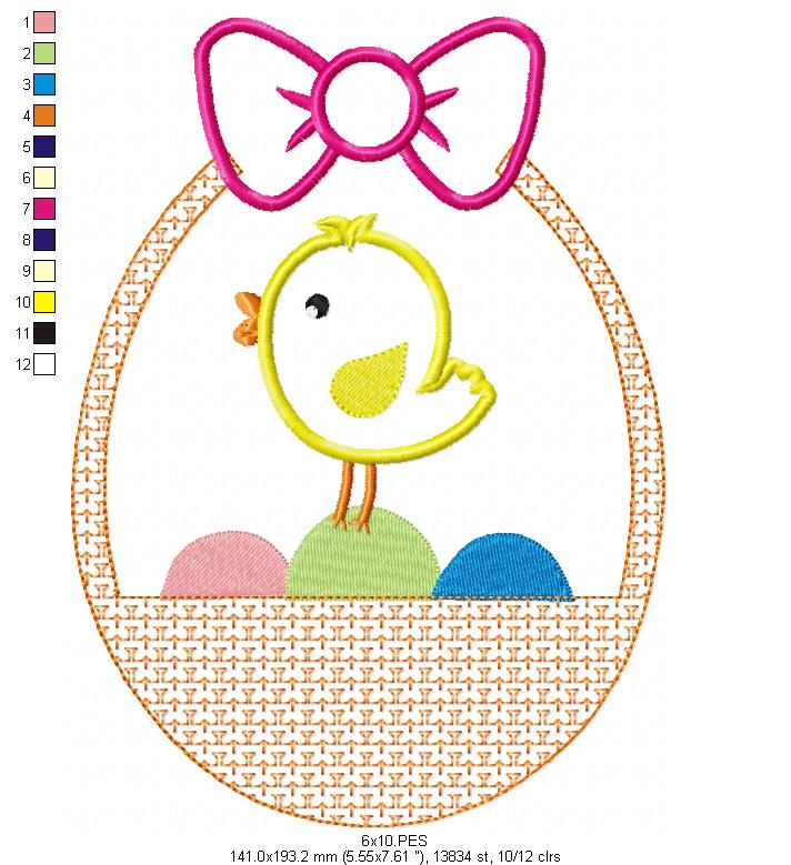 Little bird in Easter Basket - Applique  - Machine Embroidery Design