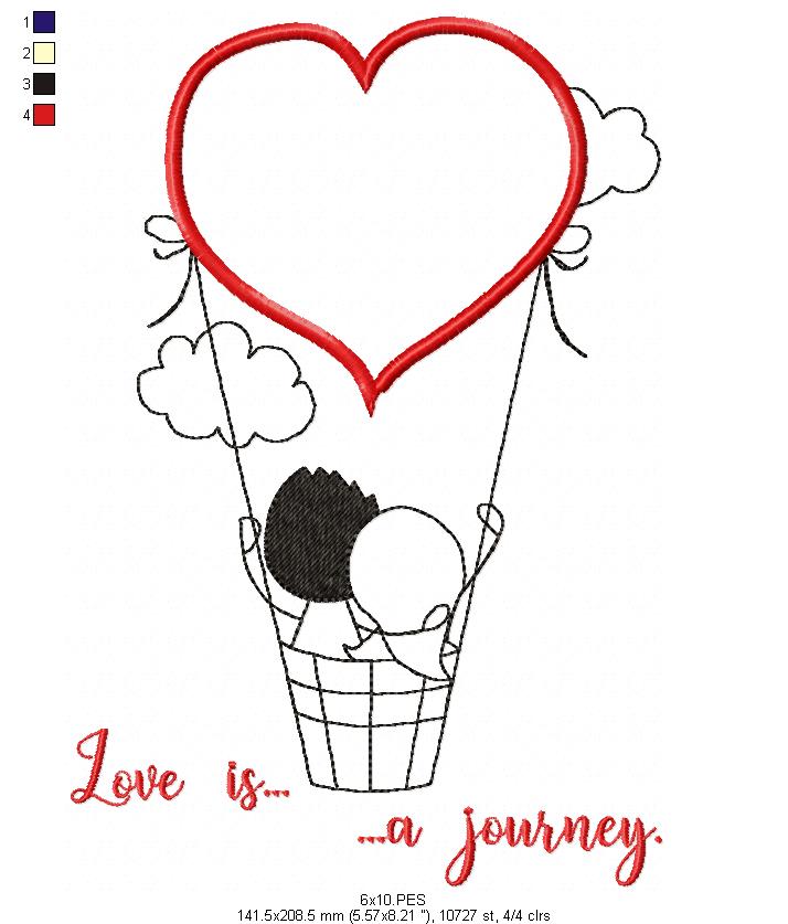 Couple on air balloon - Redwork - Machine Embroidery - 5 Sizes