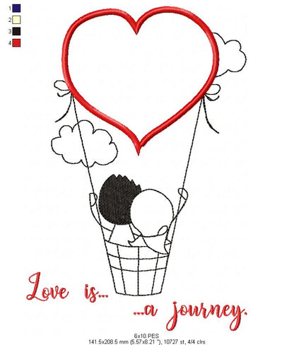 Couple on air balloon - Redwork - Machine Embroidery - 5 Sizes