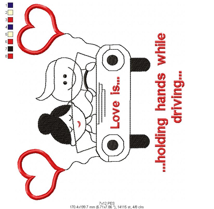 Couple in Car- Redwork - Machine Embroidery - 5 Sizes
