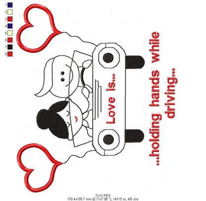 Couple in Car- Redwork - Machine Embroidery - 5 Sizes