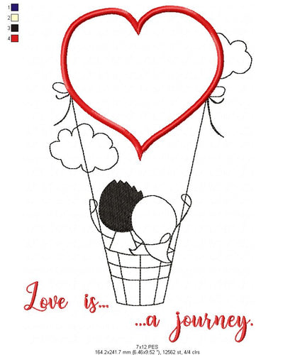Couple on air balloon - Redwork - Machine Embroidery - 5 Sizes