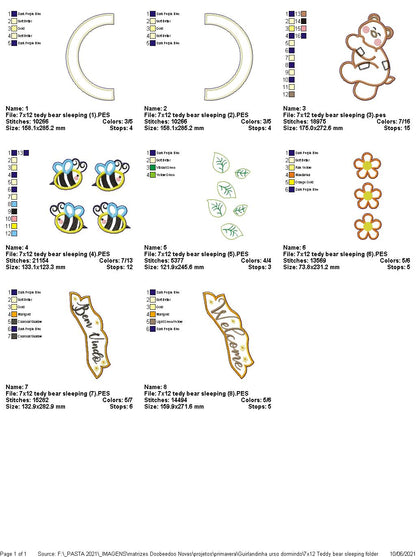 Sleepy Bear, Flowers and Bees Ornament - ITH Project - Machine Embroidery Design