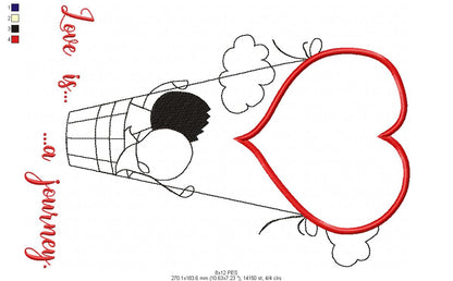 Couple on air balloon - Redwork - Machine Embroidery - 5 Sizes