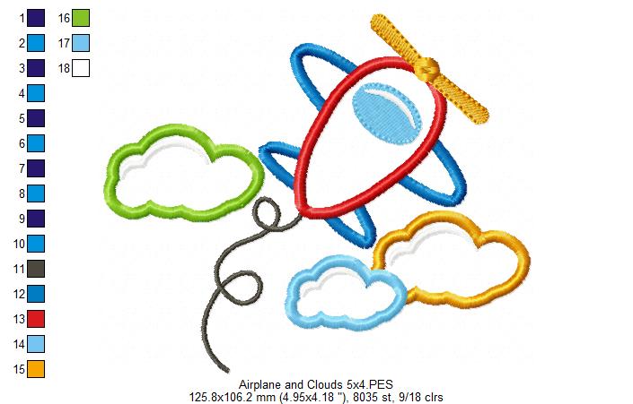 Airplane and Clouds - Applique - Machine Embroidery Design