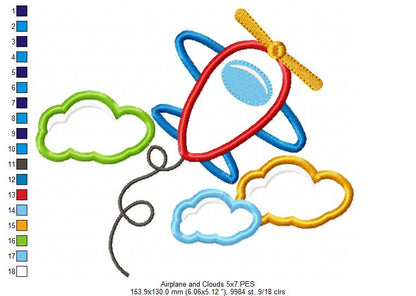 Airplane and Clouds - Applique - Machine Embroidery Design