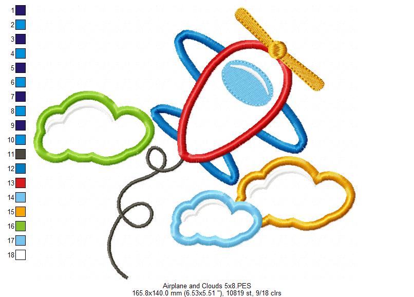 Airplane and Clouds - Applique - Machine Embroidery Design