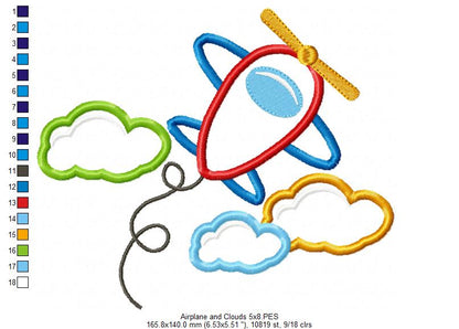 Airplane and Clouds - Applique - Machine Embroidery Design