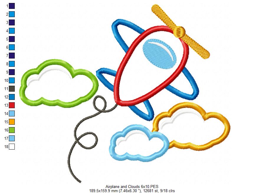 Airplane and Clouds - Applique - Machine Embroidery Design
