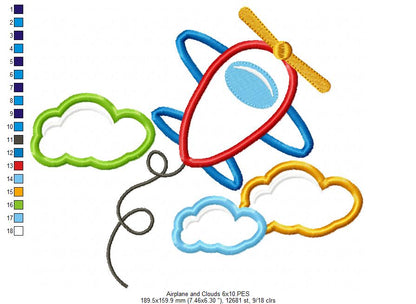 Airplane and Clouds - Applique - Machine Embroidery Design