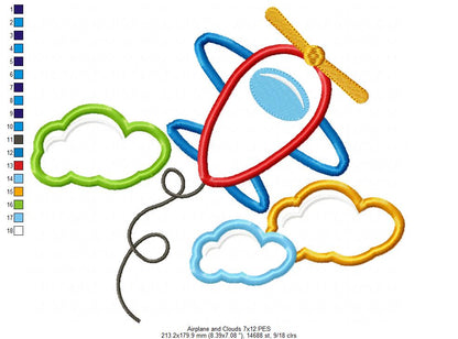 Airplane and Clouds - Applique - Machine Embroidery Design
