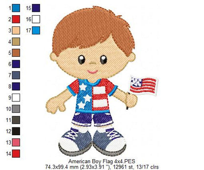 American Girl and Boy with Flag - Fill Stitch - Set of 2 designs