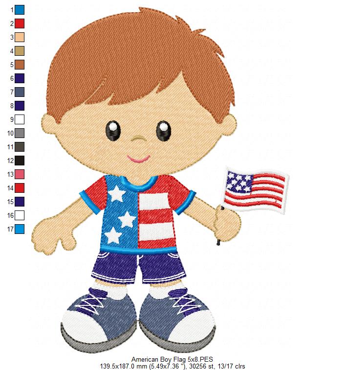 American Girl and Boy with Flag - Fill Stitch - Set of 2 designs