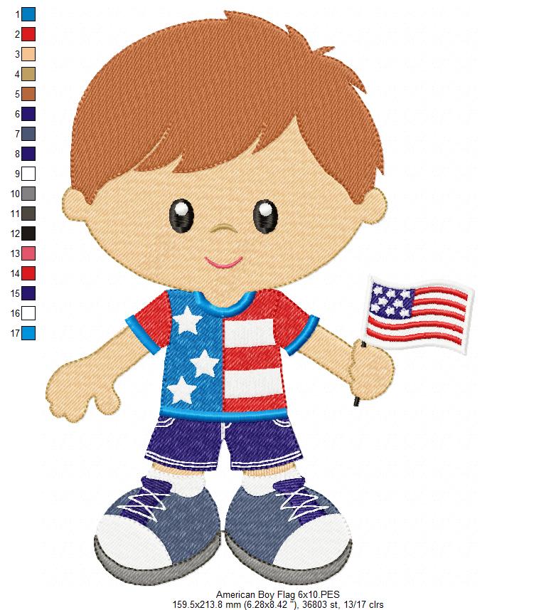 American Girl and Boy with Flag - Fill Stitch - Set of 2 designs