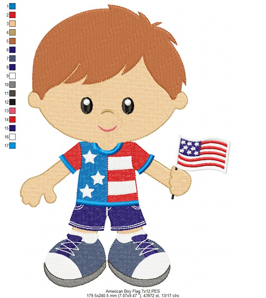 American Girl and Boy with Flag - Fill Stitch - Set of 2 designs