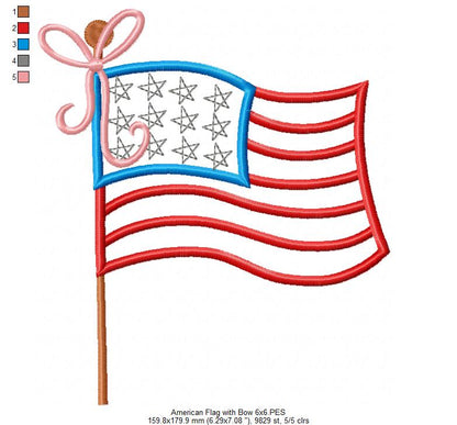 American USA Flag with Bow - Fill Stitch