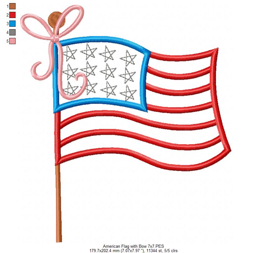 American USA Flag with Bow - Fill Stitch